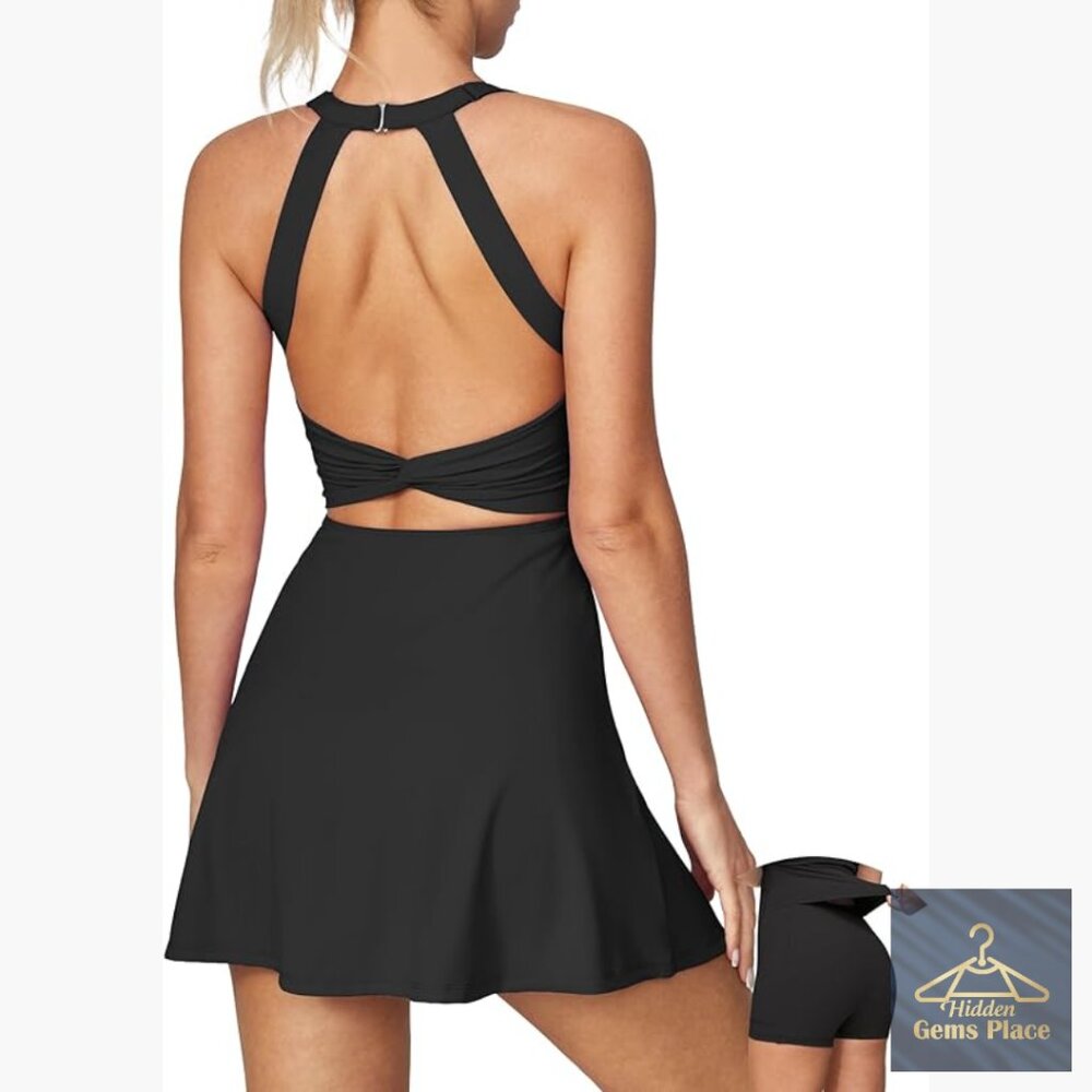 Athletic Dress with Built-in Shorts and Bra, Adjustable Straps, 4-Way Stretch
